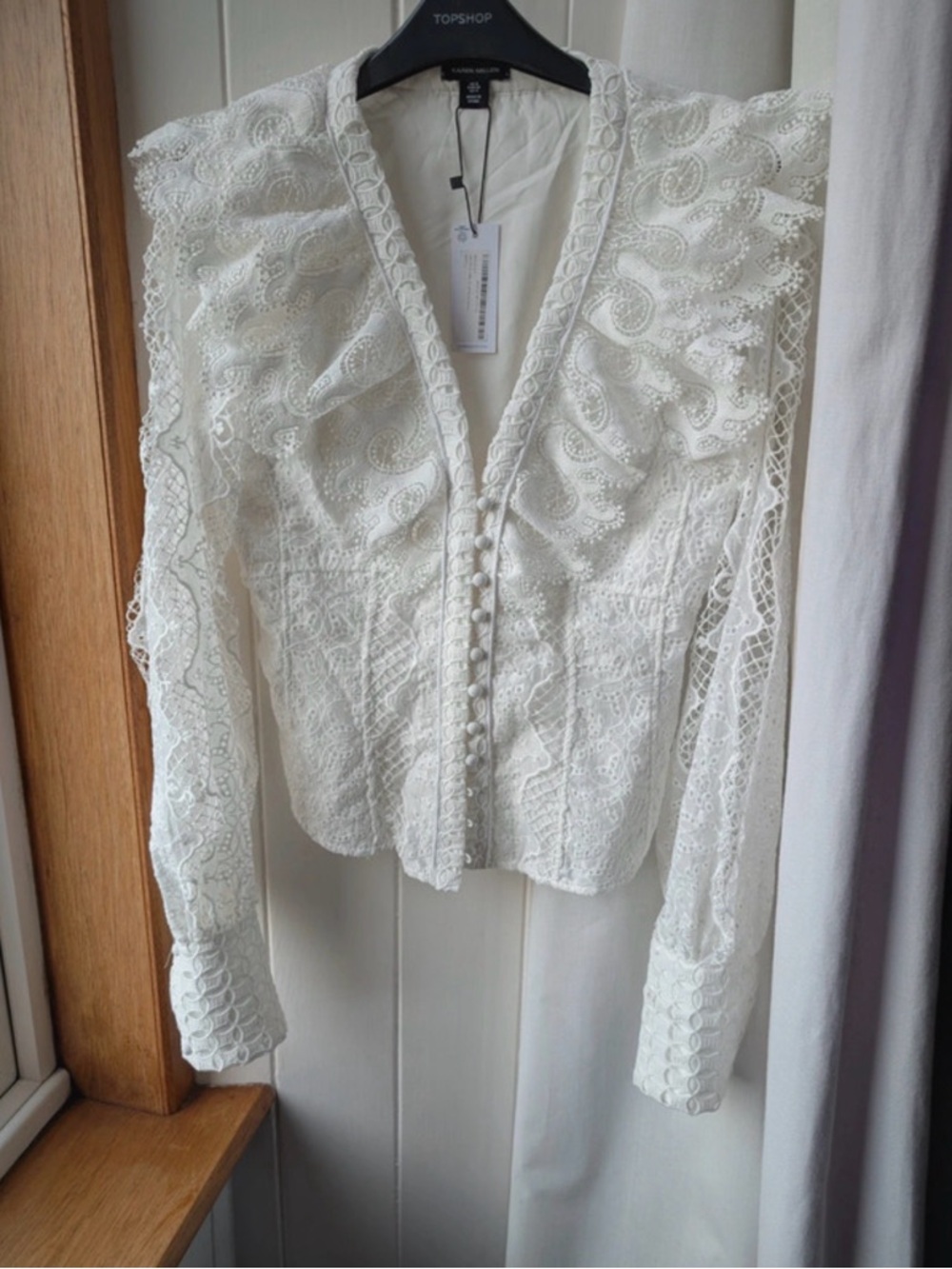 Karen Millen Cream Lace Trim V-Neck Blouse - Picture 5 of 7